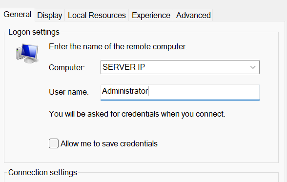 RDP Connection Settings